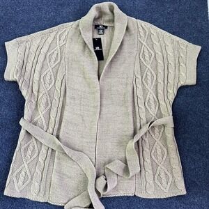 IB Diffusion Cardigan Sweater Womens Large Beige Cable Knit Belted Shawl Collar